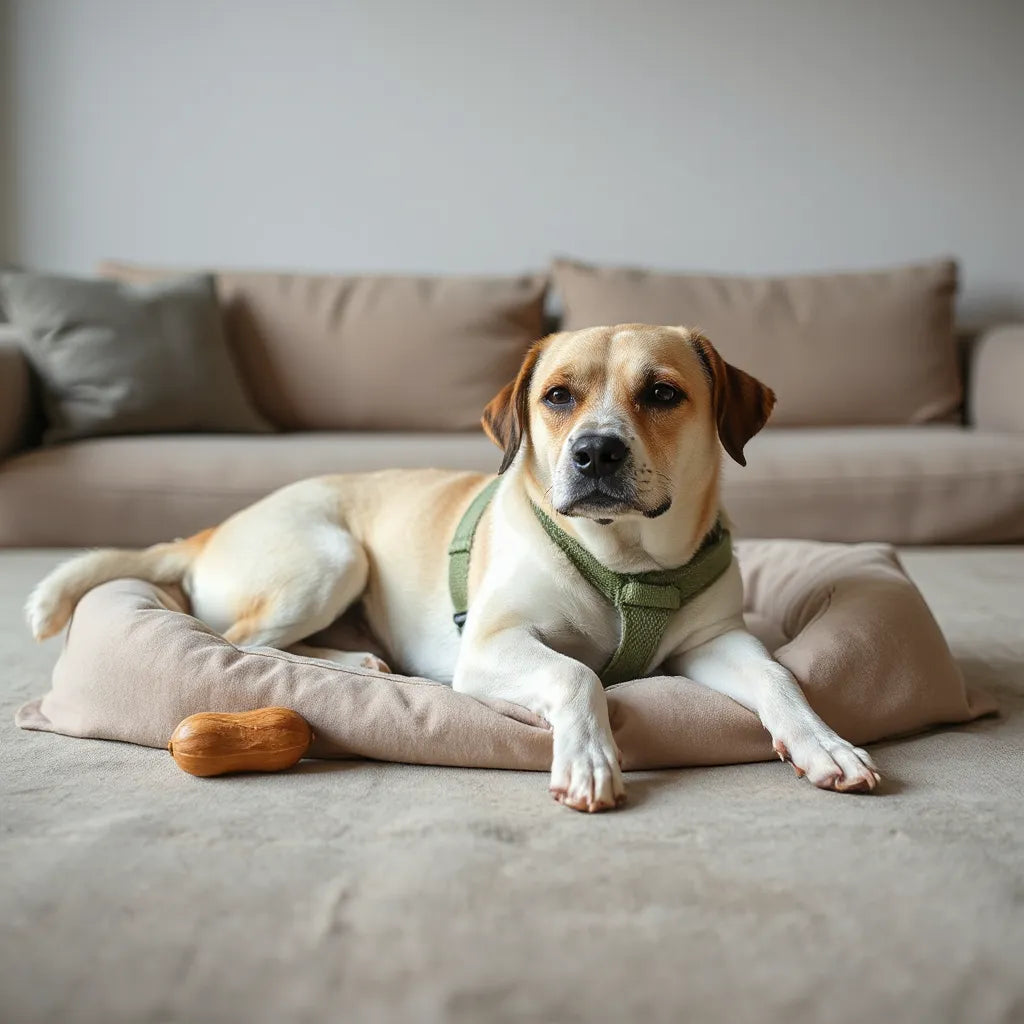 Relaxed dog resting on a couch with a subtle calming wrap and soothing comfort items nearby