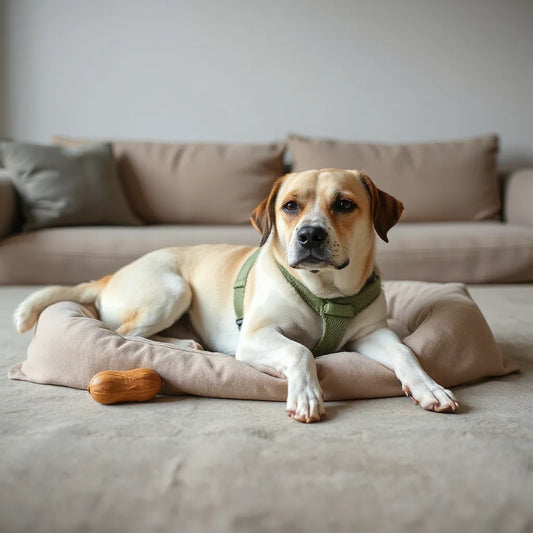 Relaxed dog resting on a couch with a subtle calming wrap and soothing comfort items nearby