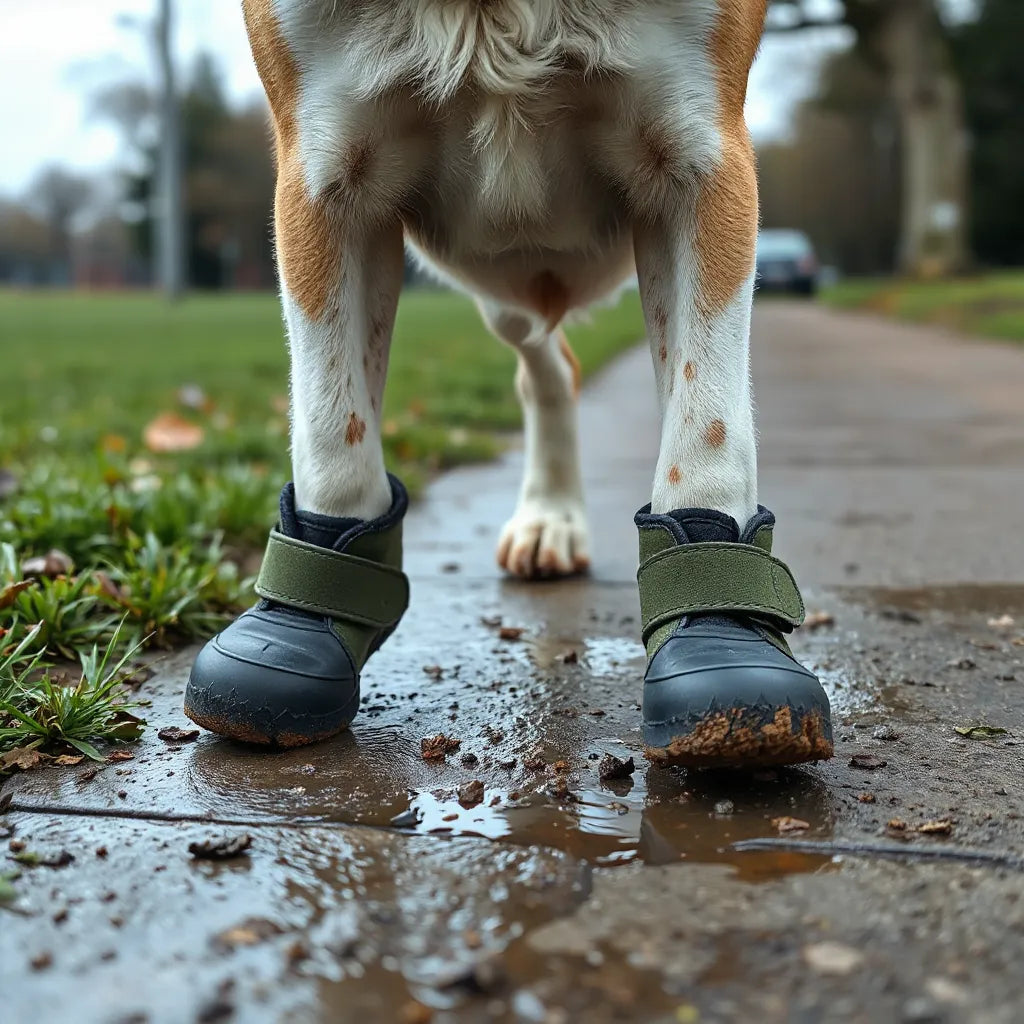 Dog standing on a park path wearing anti-dirty boots with grippy soles over muddy ground