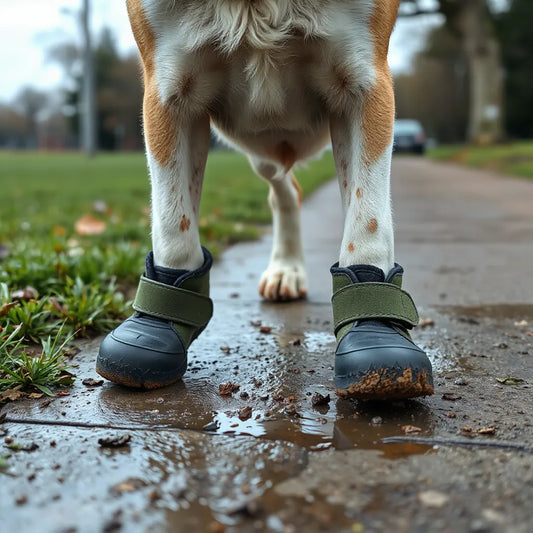 Dog standing on a park path wearing anti-dirty boots with grippy soles over muddy ground