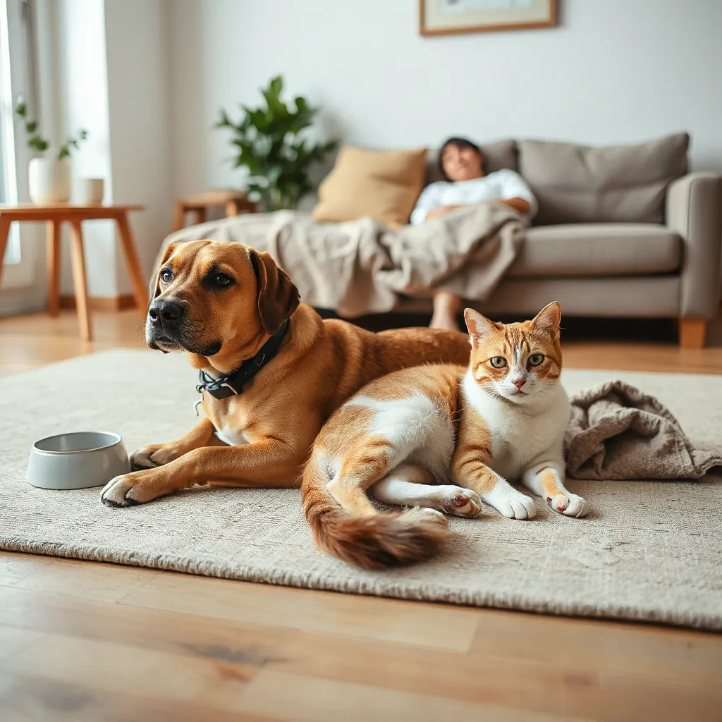 Calm dog and relaxed cat resting together in a bright living room with a cozy rug