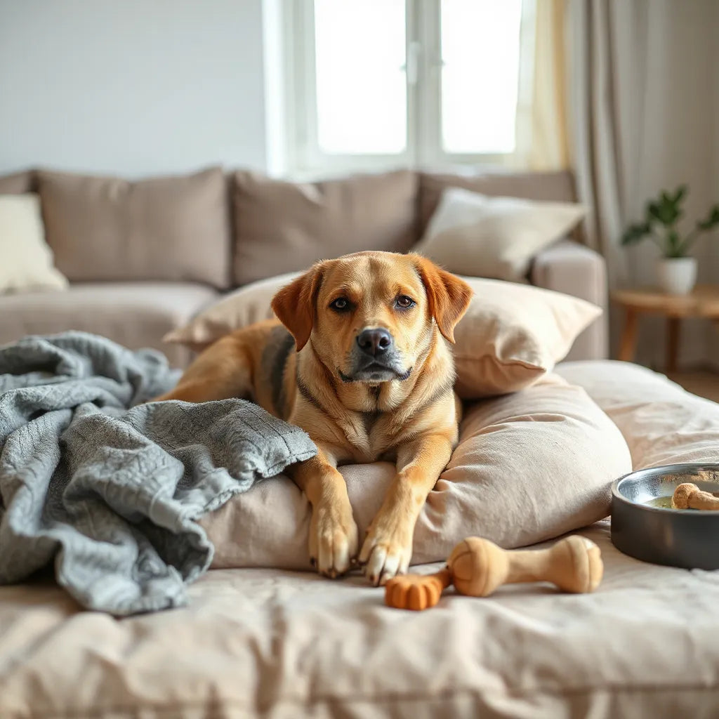 Calm dog resting on a cozy bed in a bright, tidy living room with bedding and water nearby