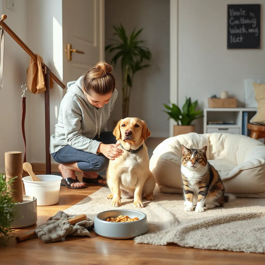 New pet owner calmly kneeling with a dog and cat near a feeding station at home