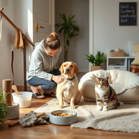 New pet owner calmly kneeling with a dog and cat near a feeding station at home