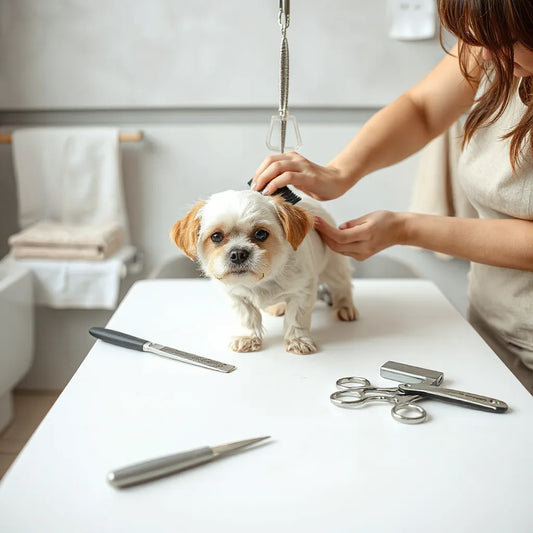 Groomer brushing a small dog’s coat with grooming tools on a clean table